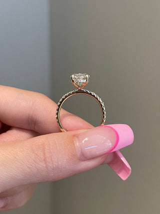 4.0ct Elongated Oval Hidden Halo Pave Diamond Moissanite Engagement Ring