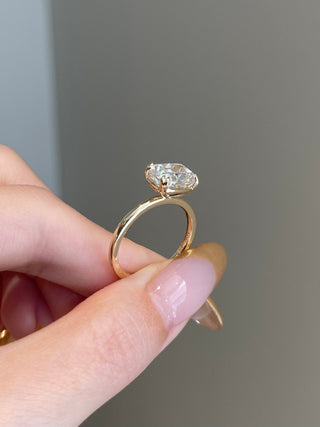 Elegant 3.0ct cushion solitaire moissanite ring side profile view