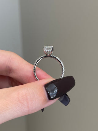 3.0ct Elongated Emerald Hidden Halo Pave Diamond Moissanite Engagement Ring