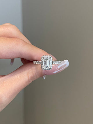2.0ct Emerald Cut Halo Pave Moissanite Diamond Engagement Ring