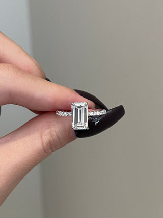3.0ct Elongated Emerald Hidden Halo Pave Diamond Moissanite Engagement Ring