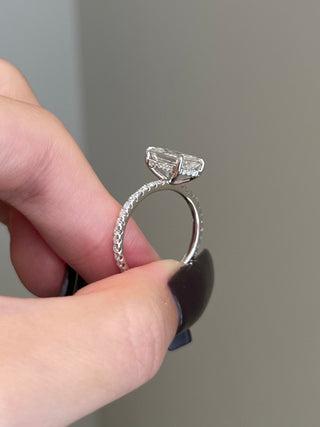3.0ct Elongated Emerald Hidden Halo Pave Diamond Moissanite Engagement Ring