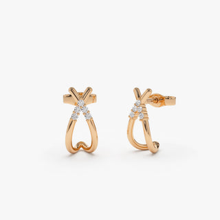 14k Gold Criss Cross Half Hoop Diamond Stud Earrings for Wife