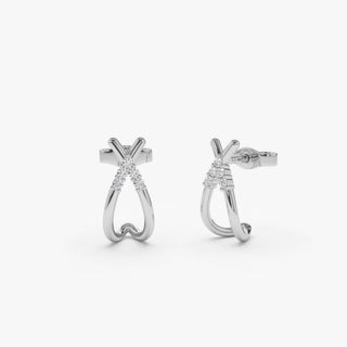 14k Gold Criss Cross Half Hoop Diamond Stud Earrings for Wife