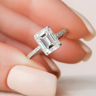 3.0ct Emerald Cut Hidden Halo Pave Moissanite Diamond Engagement Ring