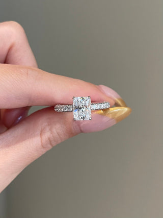 2.0ct Radiant Cut Hidden Halo Three Side Pave Diamond Moissanite Engagement Ring