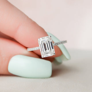 3.0ct Emerald Cut Hidden Halo Pave Moissanite Diamond Engagement Ring