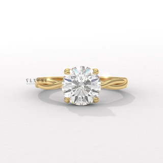 Profile shot of a round cut moissanite engagement ring on an infinity band and its band
