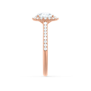 Delicate 1.0ct round halo moissanite ring detail view of the band