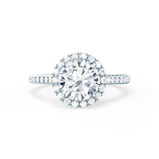 Stunning 1.0ct round halo moissanite ring shown on a finger image 6