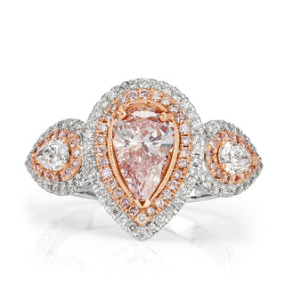 Light pink pear double halo moissanite ring front view