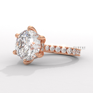 Cathedral moissanite engagement ring angled view