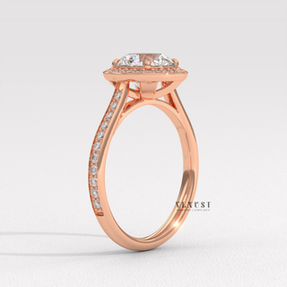 Elegant Halo Pave Round Cut Moissanite Engagement Ring three quarter view