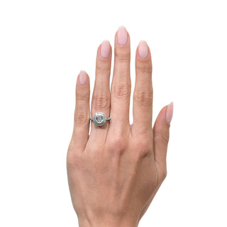 Old mine cushion halo moissanite engagement ring angled sparkle view