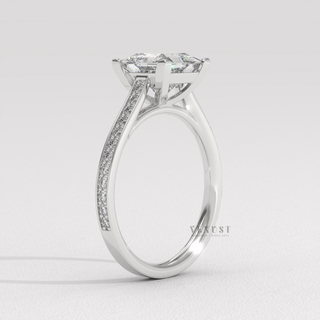 Rose gold princess cut moissanite ring on hand  Princess Cathedral Pave detail view 8