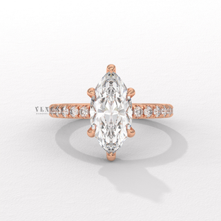 Full view of a marquise cut moissanite engagement ring with a hidden halo and pave band with band detail