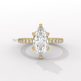Profile shot of a marquise cut moissanite engagement ring with a hidden halo and pave band and its band
