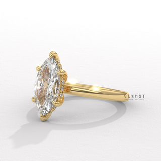 Macro shot of the centre stone on a marquise cut moissanite engagement ring in a hidden halo solitaire setting