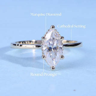 Timeless 1.50ct marquise moissanite ring shown on a finger