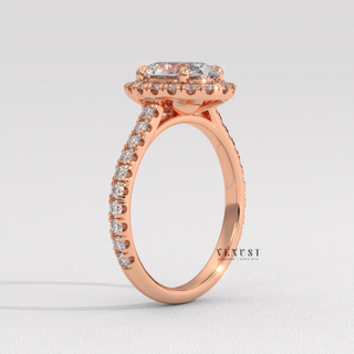 Sparkling Halo Pave Oval Cut Moissanite Engagement Ring three quarter view