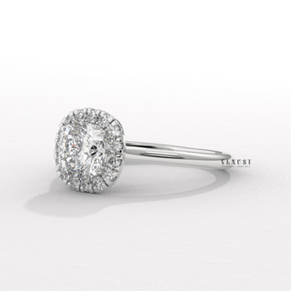 Halo Solitaire Cushion Cut Moissanite Engagement Ring overhead view