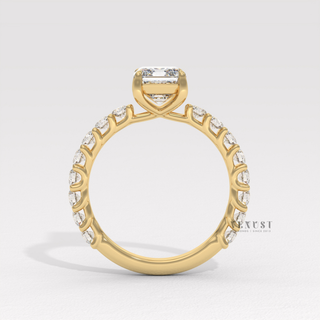 Three quarter pave emerald moissanite ring detail