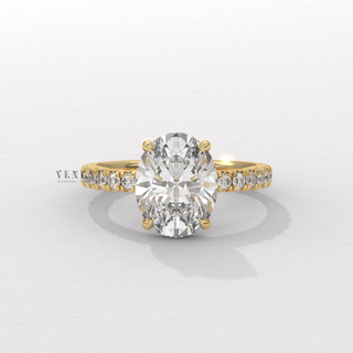 Oval moissanite ring with hidden pave halo front view