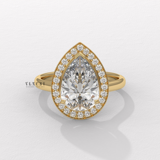Halo Solitaire Pear Cut Moissanite Engagement Ring angled view