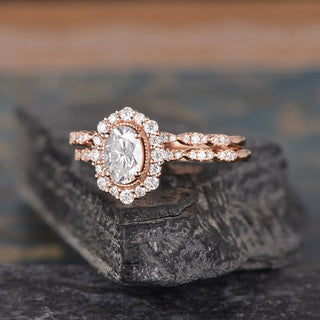 Modern 1.50ct oval halo moissanite ring side profile view