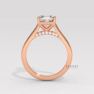 Lifestyle photo of a asscher cut moissanite engagement ring with a hidden halo and cathedral setting on the hand