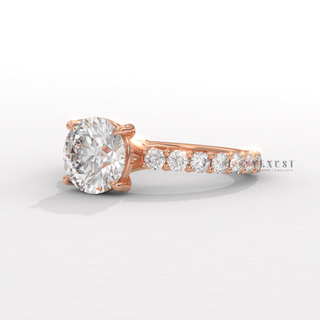 Three quarter pave round moissanite ring angled view