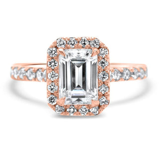 Radiant 1.0ct emerald halo moissanite ring shown on a finger