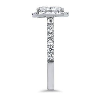 Radiant 1.0ct emerald halo moissanite ring angled view showing its sparkle