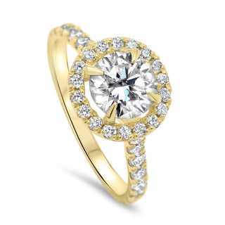 Modern 1.0ct round halo moissanite ring angled view showing its sparkle image 2