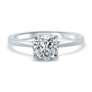 Lustrous 1.0ct cushion solitaire moissanite ring close up of the setting