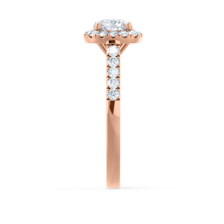 Sparkling 1.10ct cushion halo moissanite ring three quarter angled view