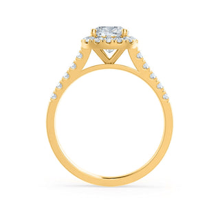 Brilliant 1.10ct cushion halo moissanite ring shown on a finger