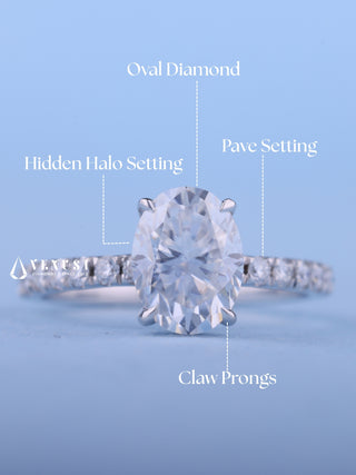 Sparkling 1.50ct oval hidden halo moissanite ring close up of the setting