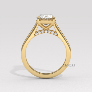 Top-down view of a oval cut moissanite engagement ring in a hidden halo solitaire setting