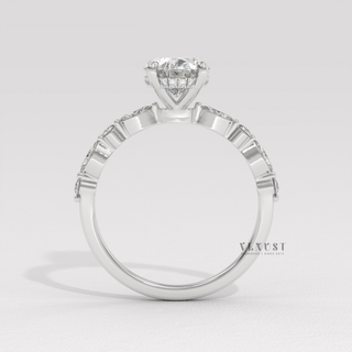 Oval marquise pave moissanite engagement ring angled view