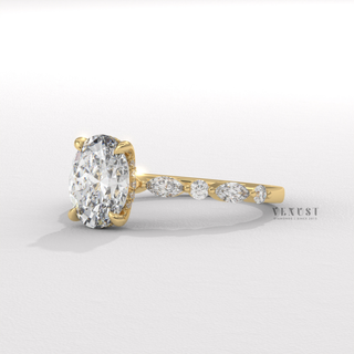 Hidden halo oval moissanite ring close up  Oval Marquise Pave detail view 4