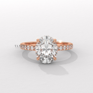 Oval half pave moissanite ring with hidden halo