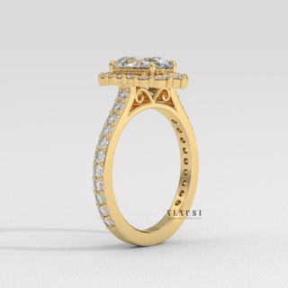 Elegant Halo Pave Oval Cut Moissanite Engagement Ring three quarter view
