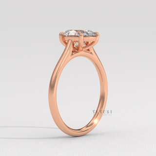 Rose gold oval cut moissanite ring on hand  Oval Cathedral Solitaire detail view 8