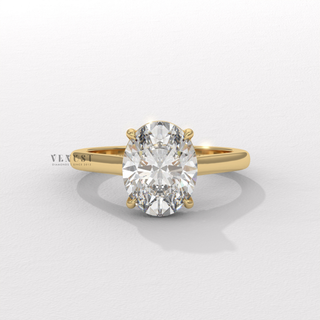 Side profile of a oval cut moissanite engagement ring in a hidden halo solitaire setting