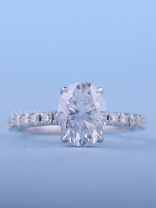 Sparkling 1.50ct oval hidden halo moissanite ring front view