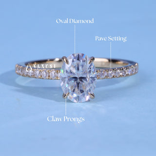 Sparkling 1.0ct oval pave moissanite ring shown on a finger