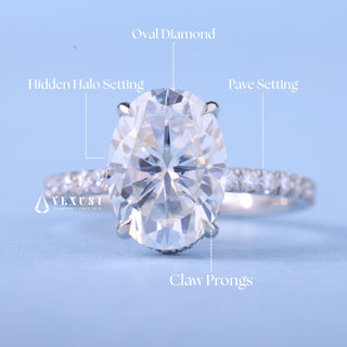 Timeless 2.0ct oval hidden halo moissanite ring close up of the setting
