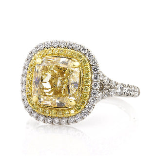 Yellow cushion double halo moissanite engagement ring side detail view