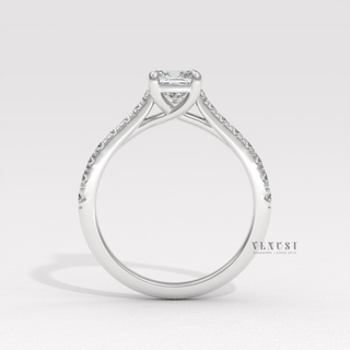 Half pave cushion moissanite ring setting detail